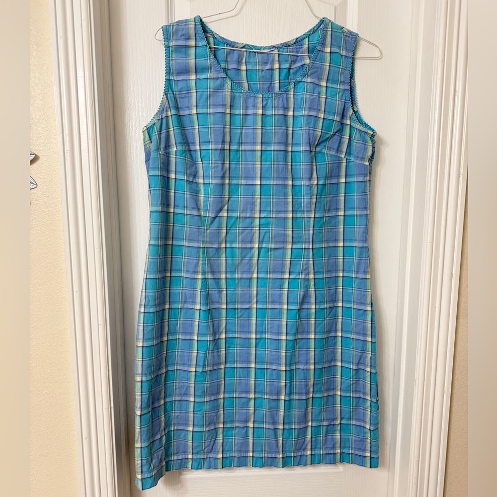 Vintage Plaid Sleeveless Dress Blue Green Gingham Cottagecore Size L